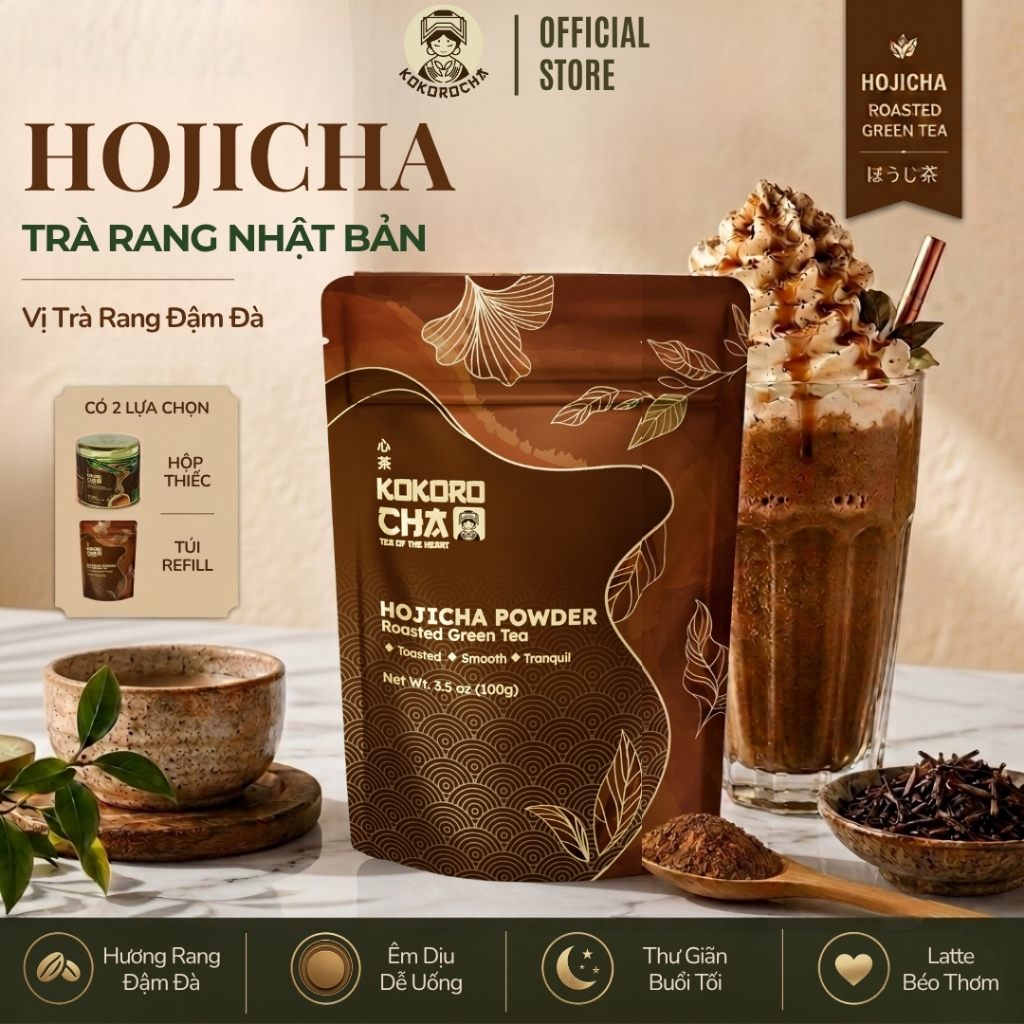 Bột Hojicha KOKOROCHA 100g | Bột Hojicha Trà Xanh Rang Ít Caffeine, Pha Hojicha Latte Thay Matcha | 