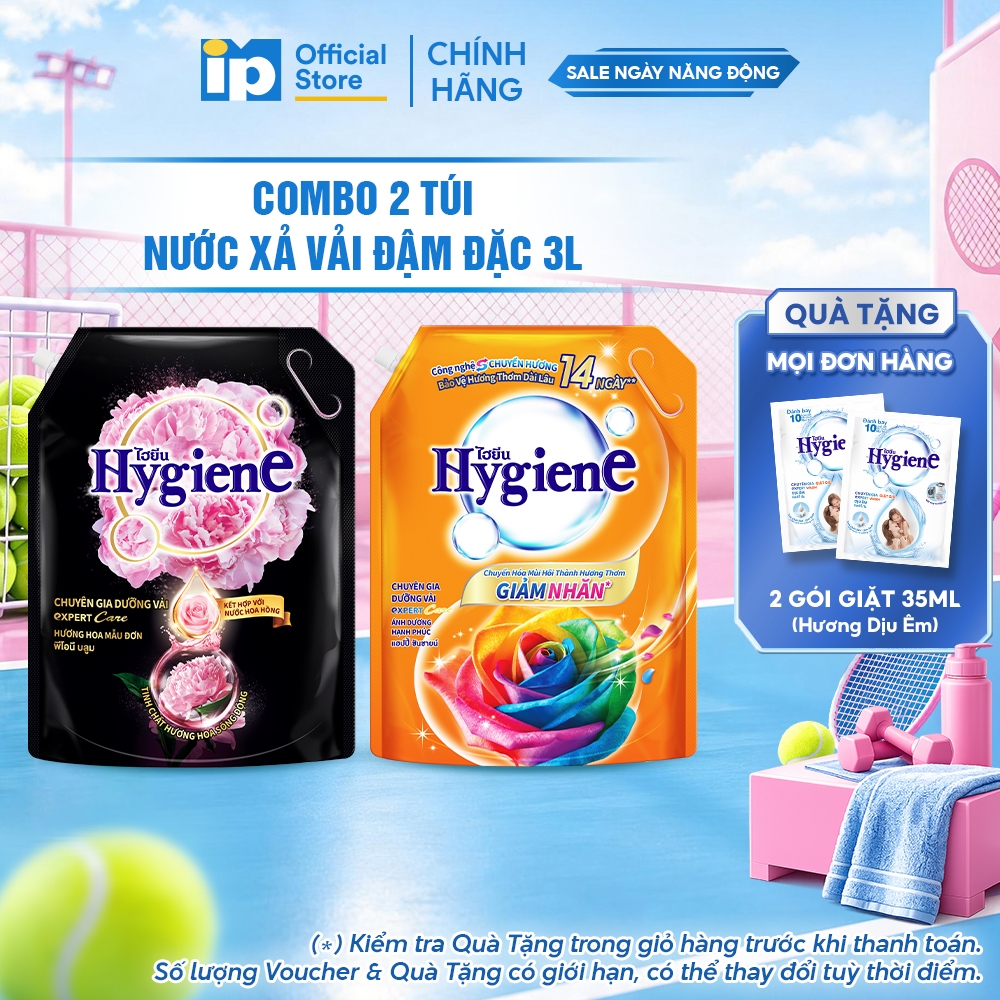 Nước Xả Vải Đậm Đặc Hygiene 3L (Hoa Mẫu Đơn/ Ánh Dương Hạnh Phúc) x 2 Túi