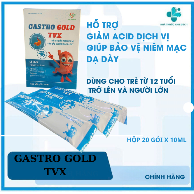 Gói Uống Gastro Gold TVX - Hỗ Trợ Giảm Acid Dịch Vị, Giúp Bảo Vệ Niêm Mạc Dạ Dày. Hộp 20 gói.