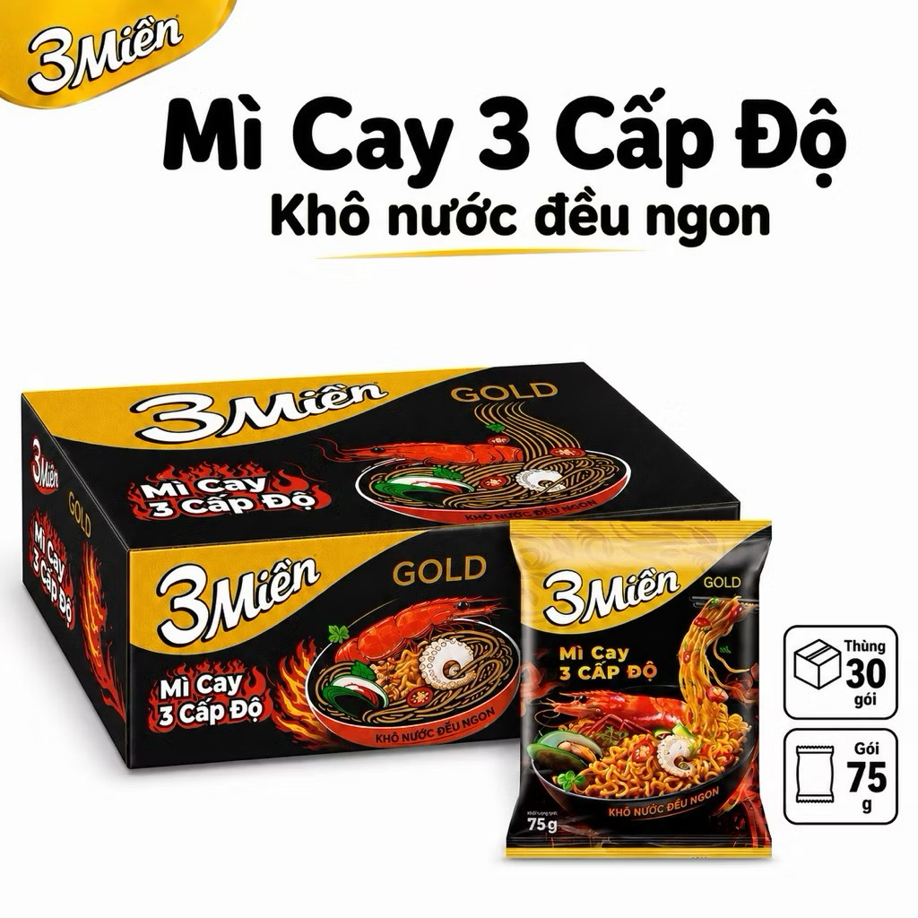 Mì 3 Miền Gold Mì Cay 3 Cấp Độ 30 Gói x 75g - Mì Ăn Liền Cay Nồng Khô Nước Đều Ngon