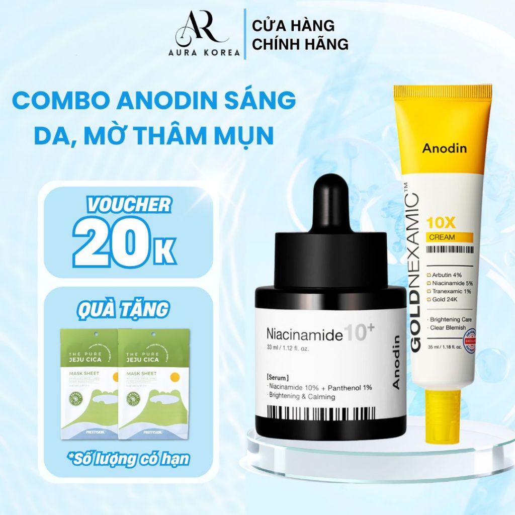 COMBO ANODIN Sáng Da, Mờ Thâm Mụn – Kem Dưỡng 10X & Serum Niacinamide 10+ Phục Hồi Da|AURA KOREA