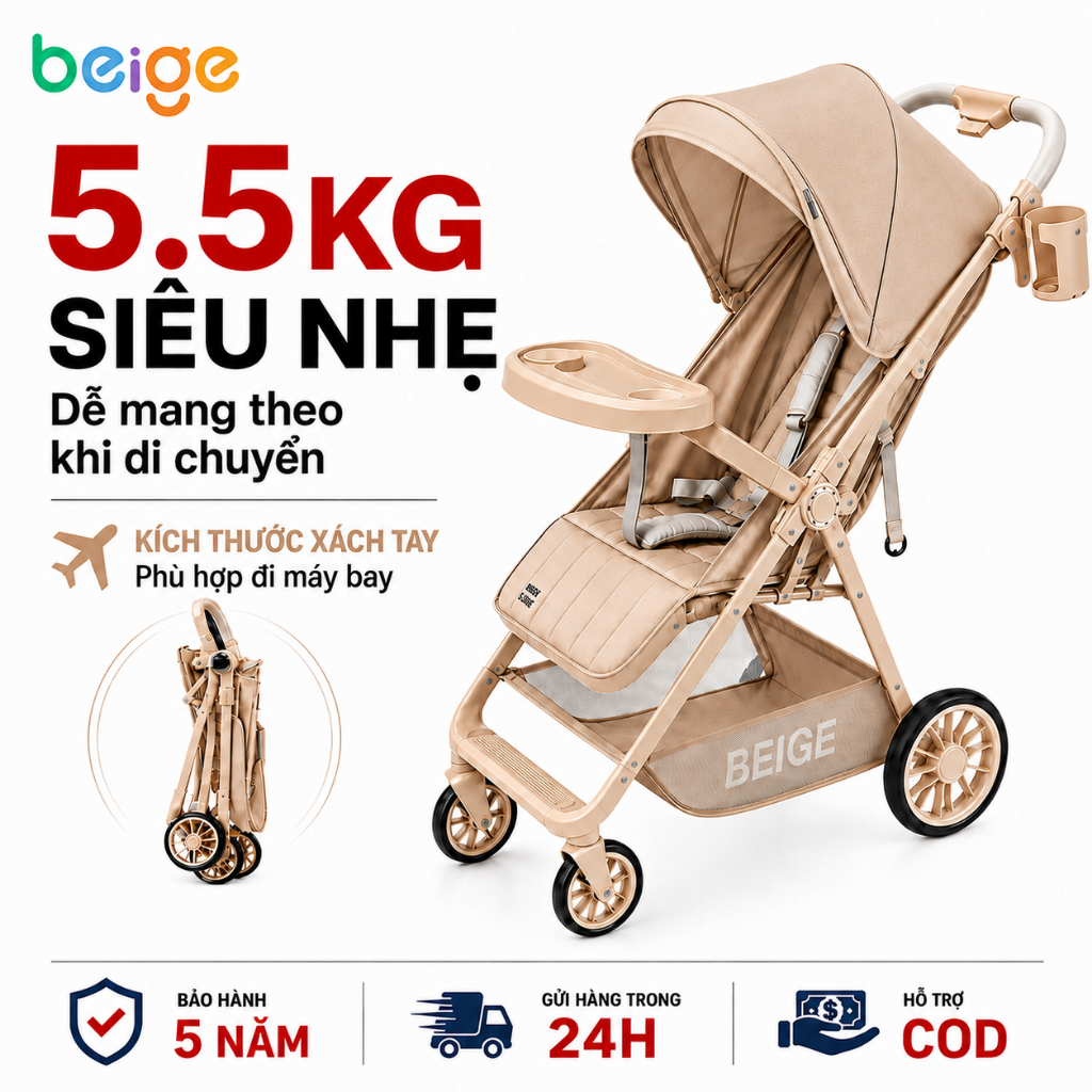 Beige Xe Đẩy Cho Bé , Xe gọn nhẹ, chắc chắn, Đẩy 2 chiều, 3 tư thế nằm, ngả và ngồi. gấp gọn dễ dàng