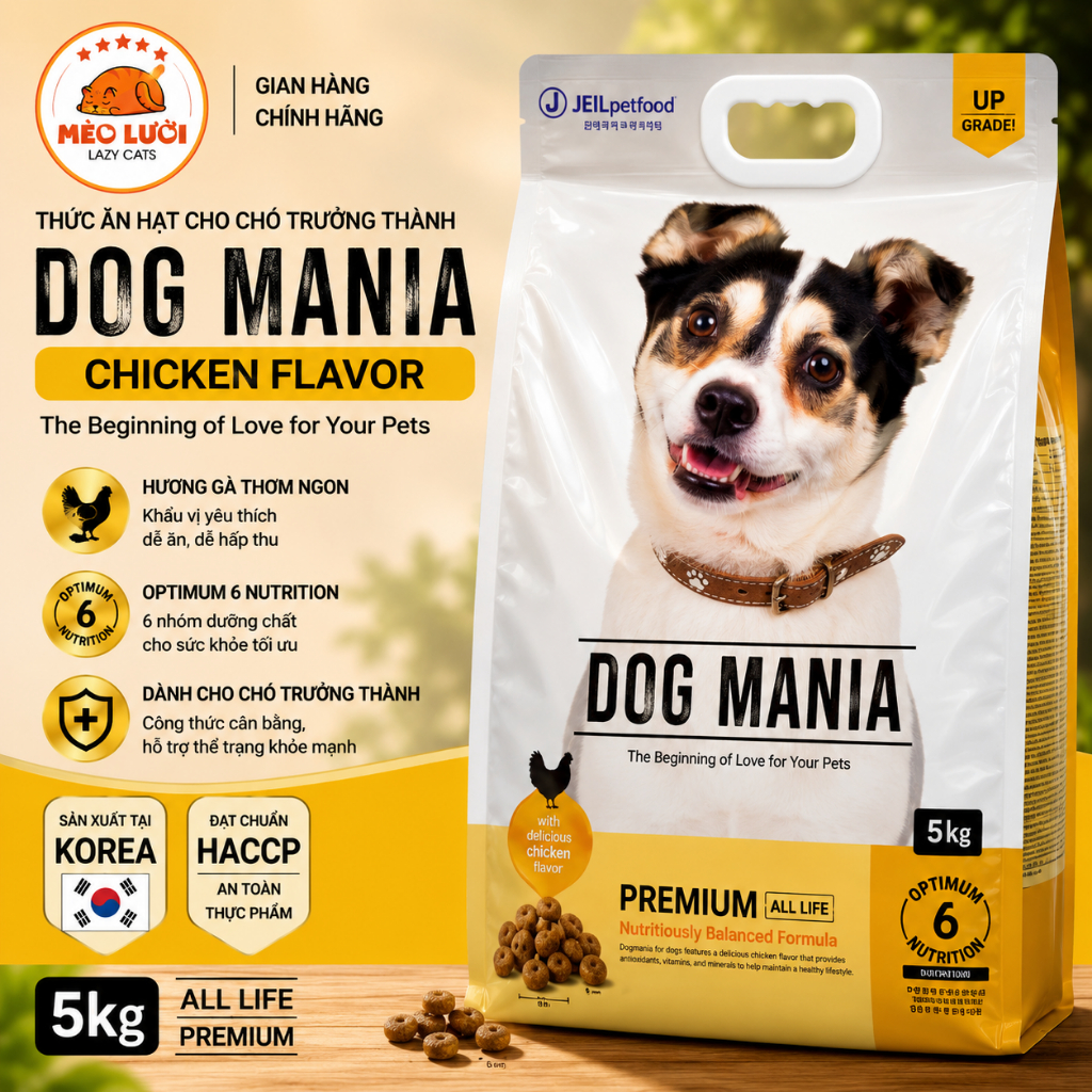 Thức Ăn Hạt Cho Chó Dog Mania Premium All Life 5kg Vị Gà, Protein 22%, Sản Xuất Hàn Quốc