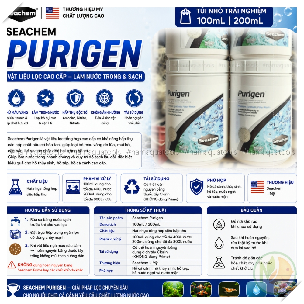 Seachem Purigen 100ml – Vật liệu lọc khử màu lũa, khử bụi và làm trong nước nhanh chóng