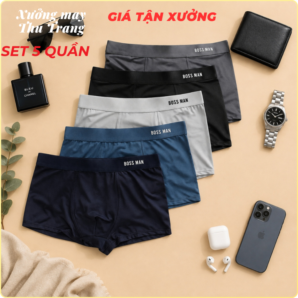 Combo 5 Quần Sịp Nam Boxer cao cấp in nổi Boss Man,Quần Boxer xì nam thun lạnh mềm mát co dãn và thấ