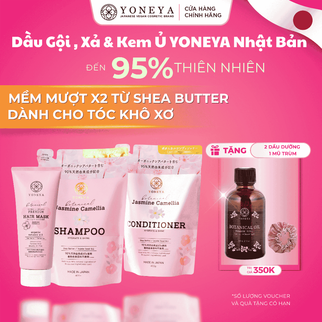 Combo Gội Xả Kem Ủ Yoneya Botanical Jasmine Camellia Hydrate & Shine Phục Hồi Hư Tổn