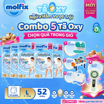 [Chọn QUÀ trong giỏ] Combo 5 Tã/bỉm quần Oxy Super Jumbo Molfix (CÓ MIX SIZE) giúp Ngừa Hăm Tã đủ các size cho Bé