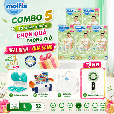 [Chọn QUÀ trong giỏ] Combo 5 Tã/bỉm quần Molfix Thiên Nhiên Super Jumbo (CÓ MIX SIZE) bông cotton organic