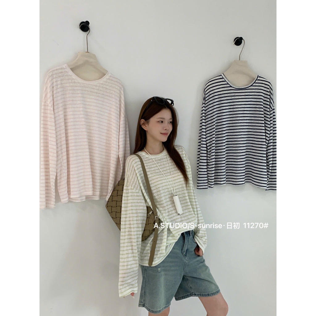 Áo phông giấy mỏng dài tay kẻ ngang dáng rộng 11270 A.STUDIO Hyneeji #HA437