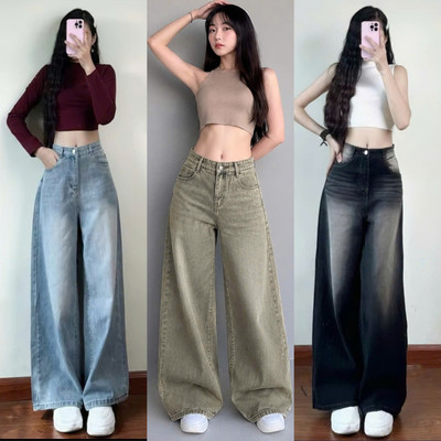 Quần Jeans Bigsize Ống Rộng Lưng Cạp Cao Chất Vải Jean Mềm Phong Cách Hàn Quốc Cho Chuppy (50-93Kg)