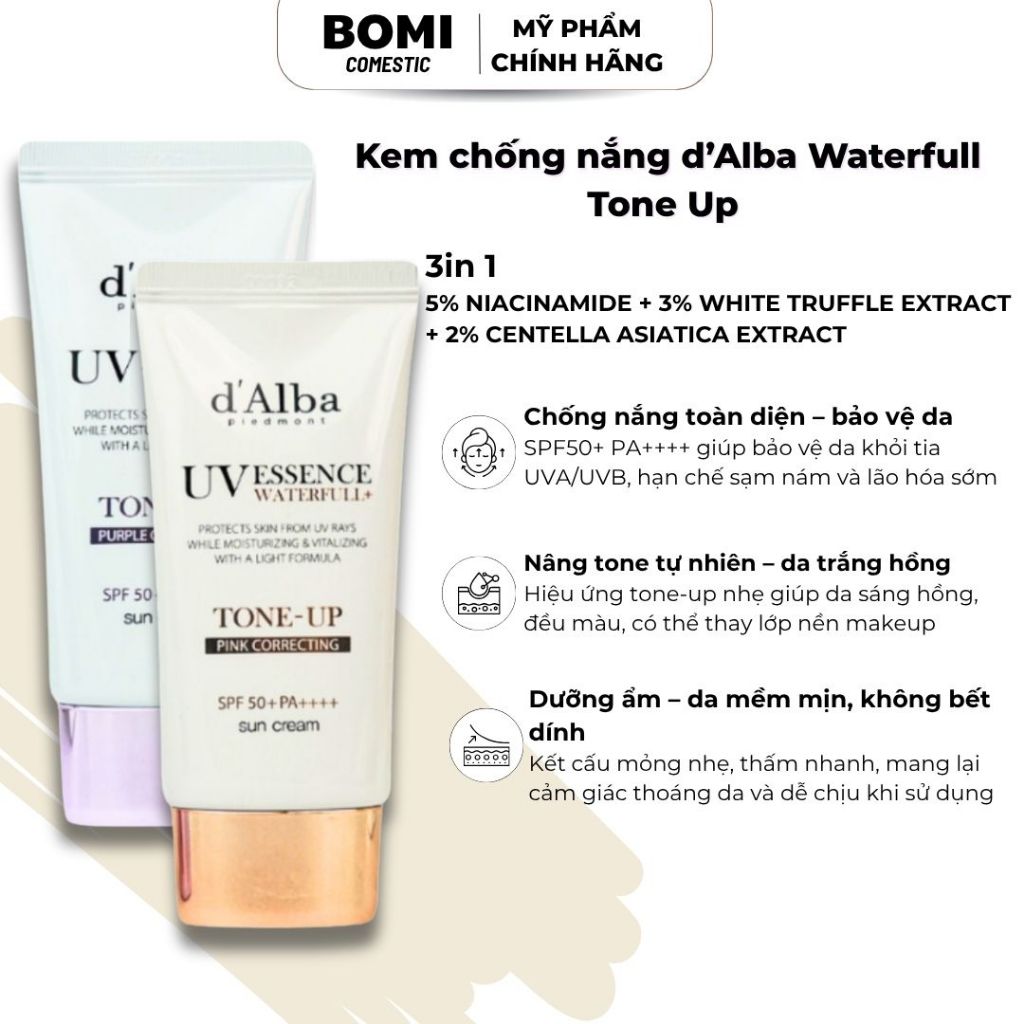 Kem chống nắng nâng tone d'AIba Waterfull TONE UP Sun Cream SPF50+ PA++++ – bảo vệ da, nâng tông nhẹ