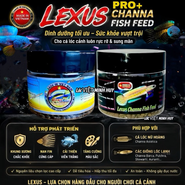 Cám lexus pro+ -lexus channa fish feed- finch khung xuơng , nan finch ,giảm baktik -màu sắc vây kì -