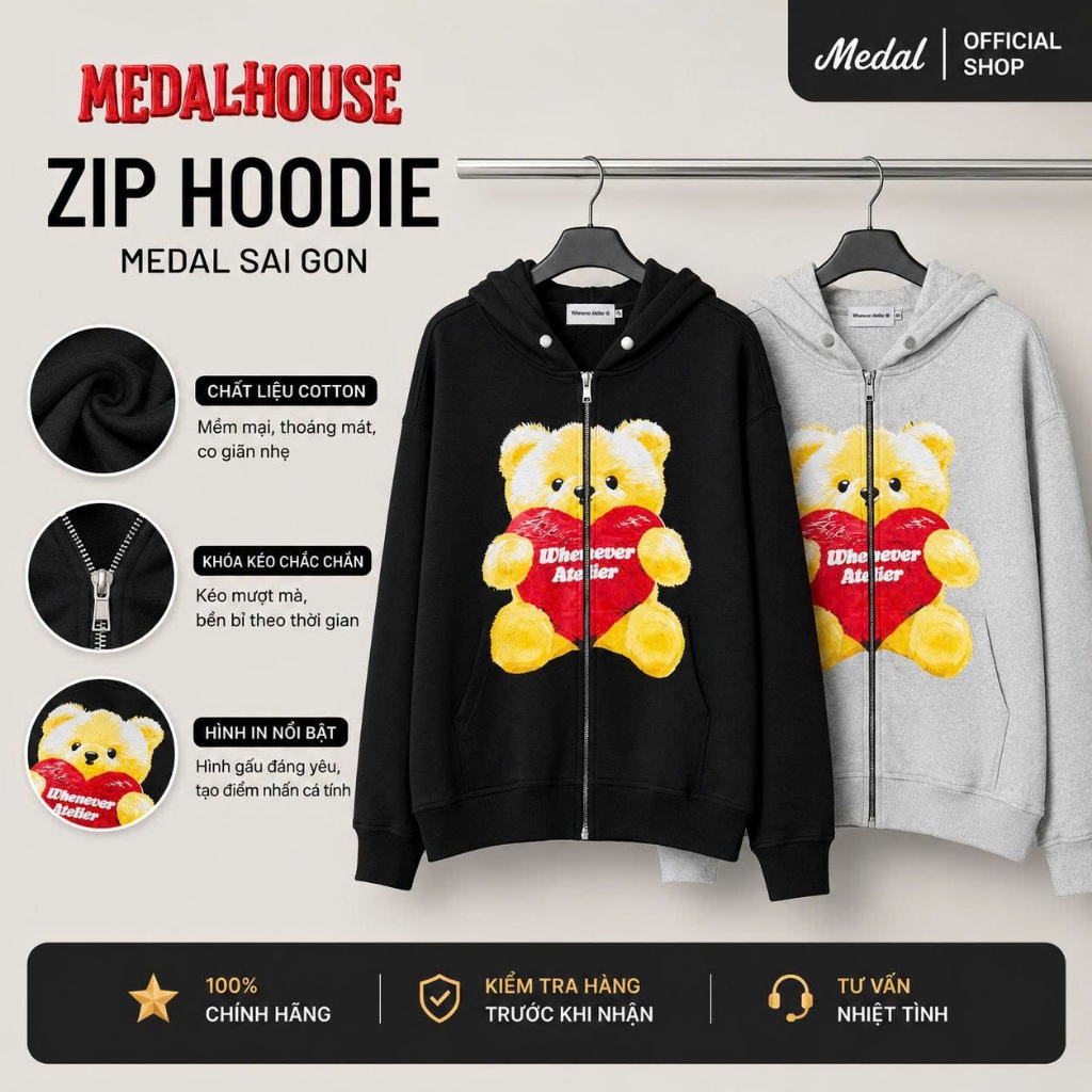 Áo Khoác Hoodie Zip Whenever In Hình Gấu Tim Unisex Nam Nữ Form Rộng, Áo Khoác Nỉ Có Mũ Phong Cách S