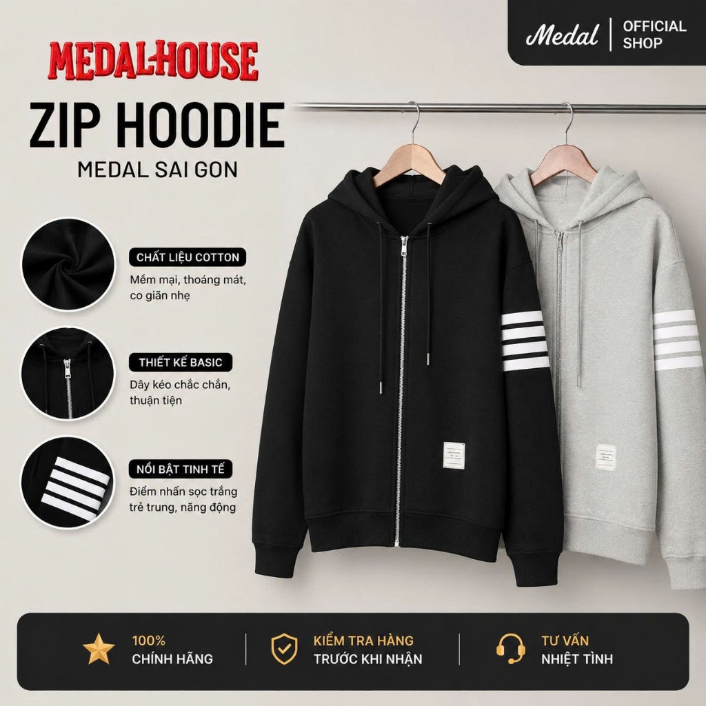 [Loại 1] Áo Khoác Hoodie Zip Thom Kẻ Sọc In Dập, Áo Hoodie Nỉ Dày Dặn Unisex Nam Nữ