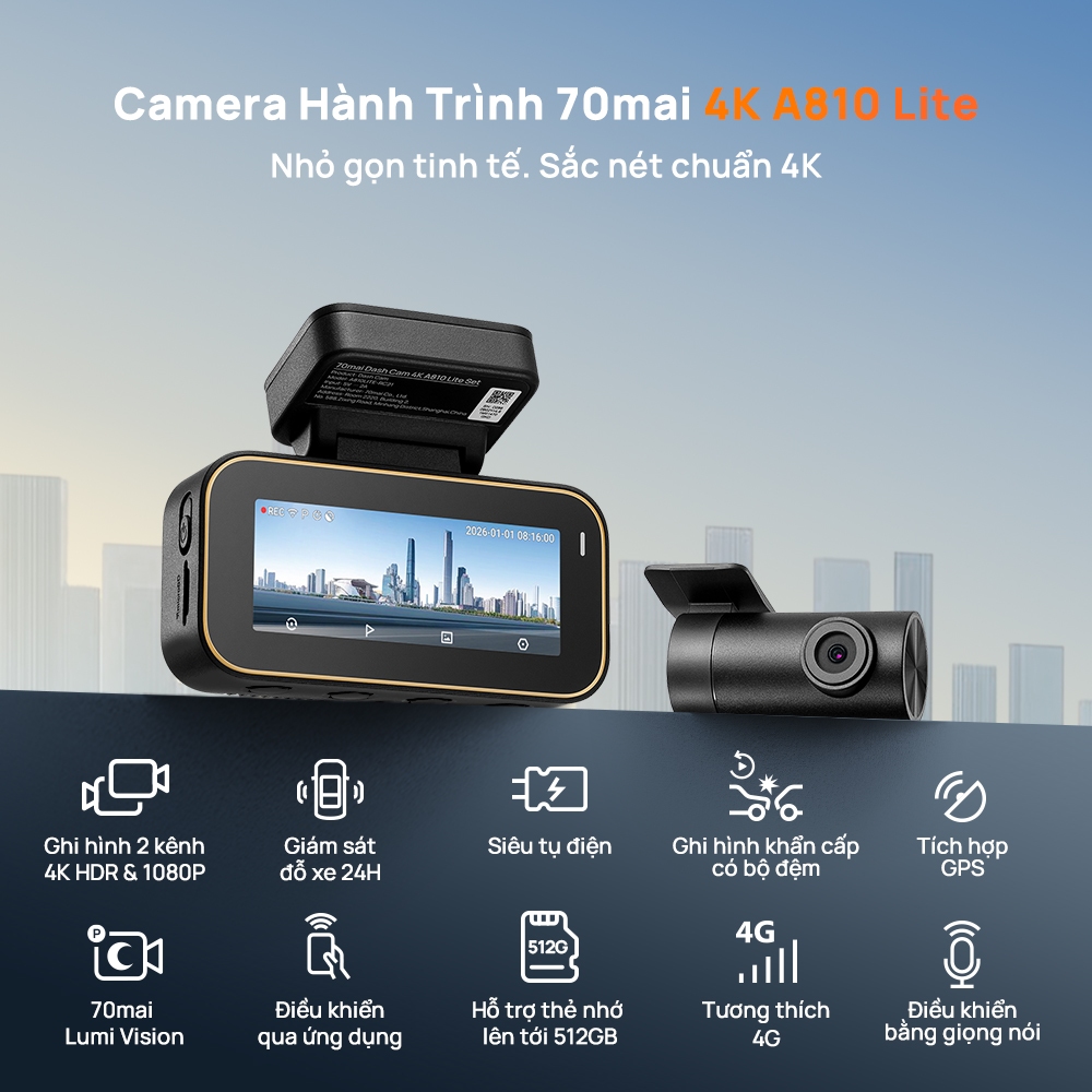 Camera hành trình ô tô 70mai A810 Lite 4K HDR - BẢN QUỐC TẾ