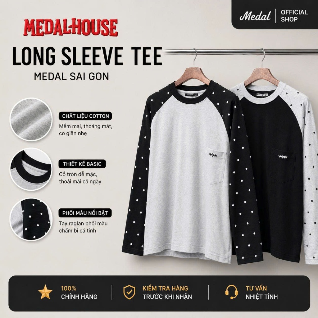 Áo Thun Tay Dài Raglan Chấm Bi Medal.SaiGon – Form Rộng Unisex, Hoạt tiết hello kitty chấm bi