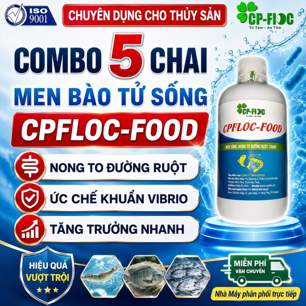 Combo 5 chai Men Bào Tử Sống hàm lượng cao Ức chế Khuẩn gây bệnh Vibrio, Nong To Ruột CP FLOC-FOOD