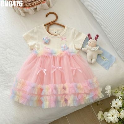 Váy Bé Gái Áo Thun Trắng Chân Váy Voan Hồng Pastel Đính Nơ Ngôi Sao Bồng Xinh MINTSCLOSET GV0476