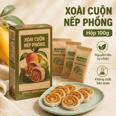 Trái Cây Ăn Vặt Nam Xanh, Xoài Cuộn Nếp Phồng, Nguyên Liệu Tự Nhiên, Không Chất Bảo Quản, Hộp 100g