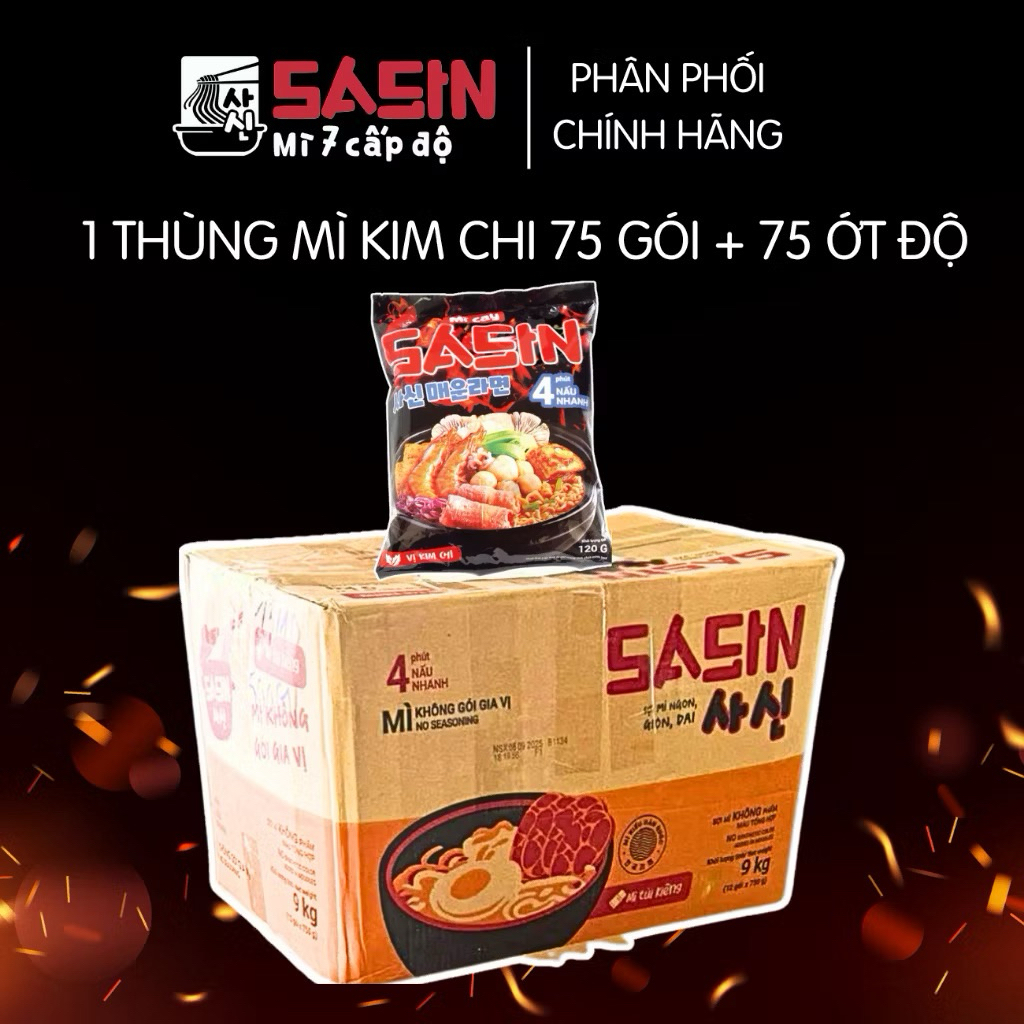 1 thùng 75 gói mì cay sasin kim châm tặng 75 gói ớt độ