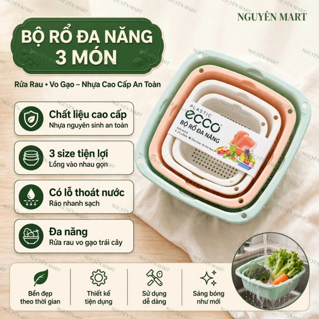 Bộ Rổ Nhựa Kèm Thau ECCO 6 Món 6 Kích Thước Khác Nhau Cao Cấp (3 Rổ 3 Chậu - Ecco) Nguyên Mart