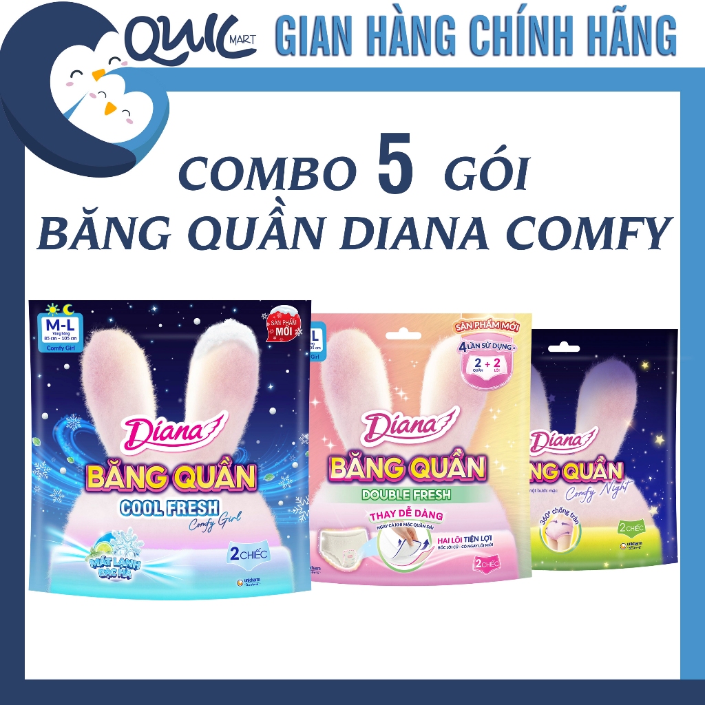 COMBO 5 GÓI Băng Quần Diana Comfy Night/ Comfy Cool/ Double Fresh 2 lõi - Băng vệ sinh đêm dạng quần