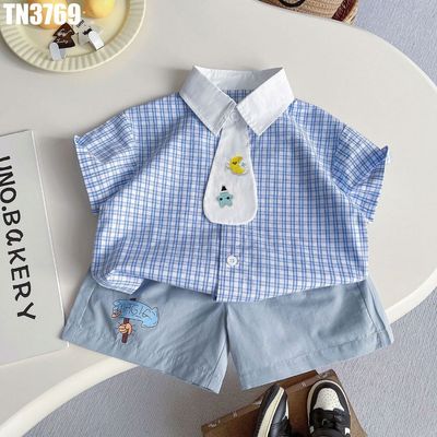 Set Bộ Quần Áo Bé Trai Áo Sơ Mi Kẻ Caro Phối Cà Vạt Quần Short Thanh Lịch MINTSCLOSET TN3740