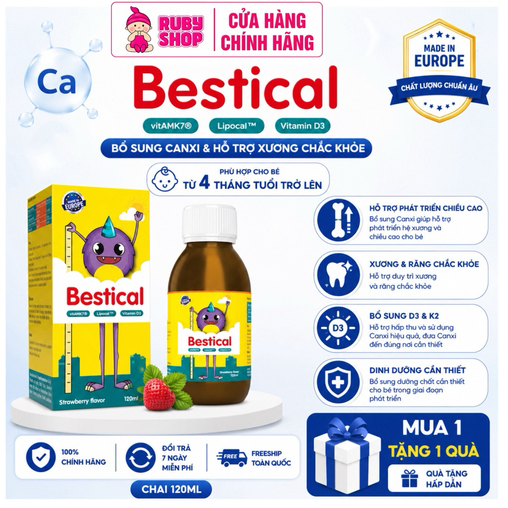 Canxi Bestical Siro 120ml Vị Dâu Chính Hãng- Hỗ Trợ Bổ Sung Canxi &Vitamin D3 Cho Bé