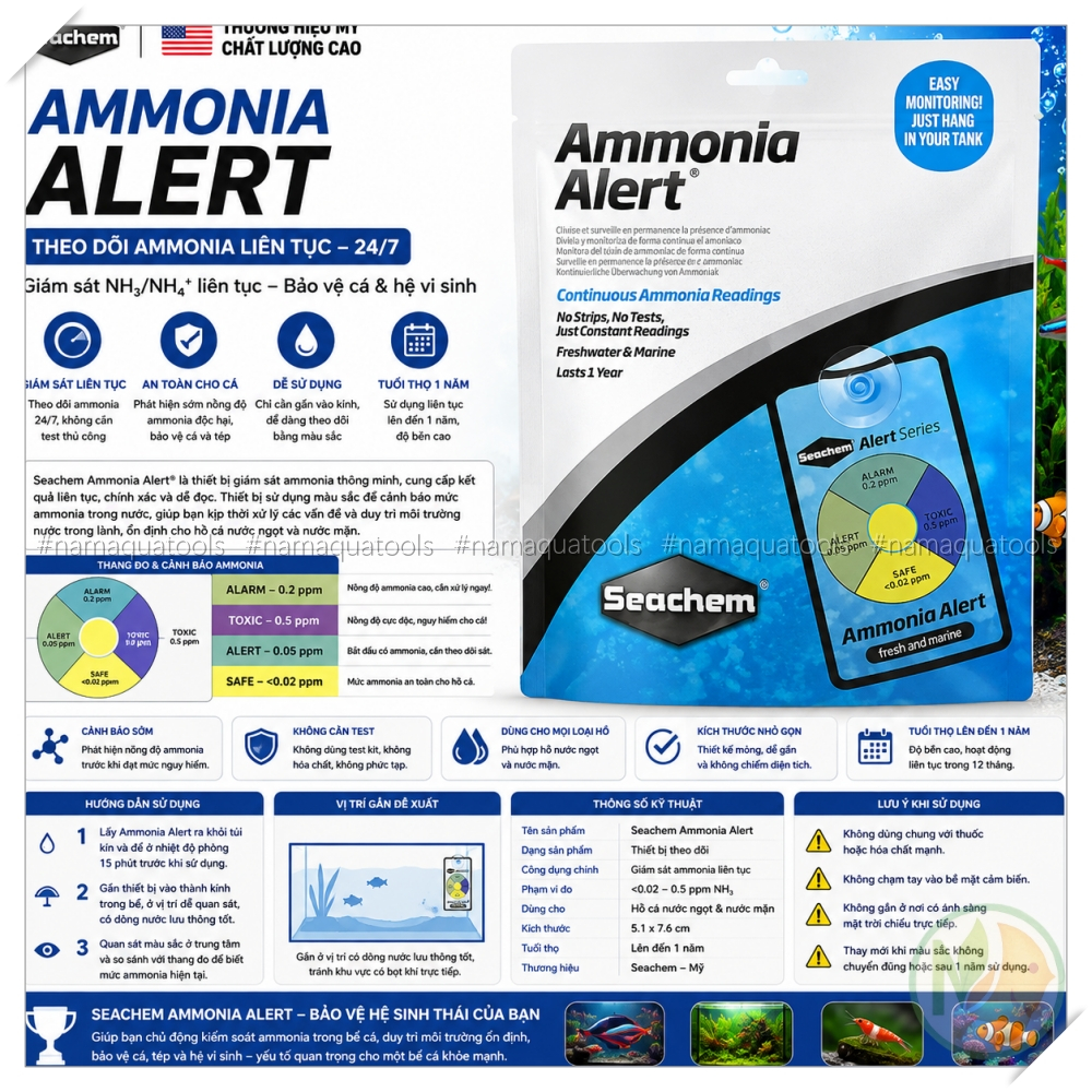 Seachem Ammonia Alert – Cảm biến cảnh báo amoni NH3 liên tục trong 1 năm cho hồ cá