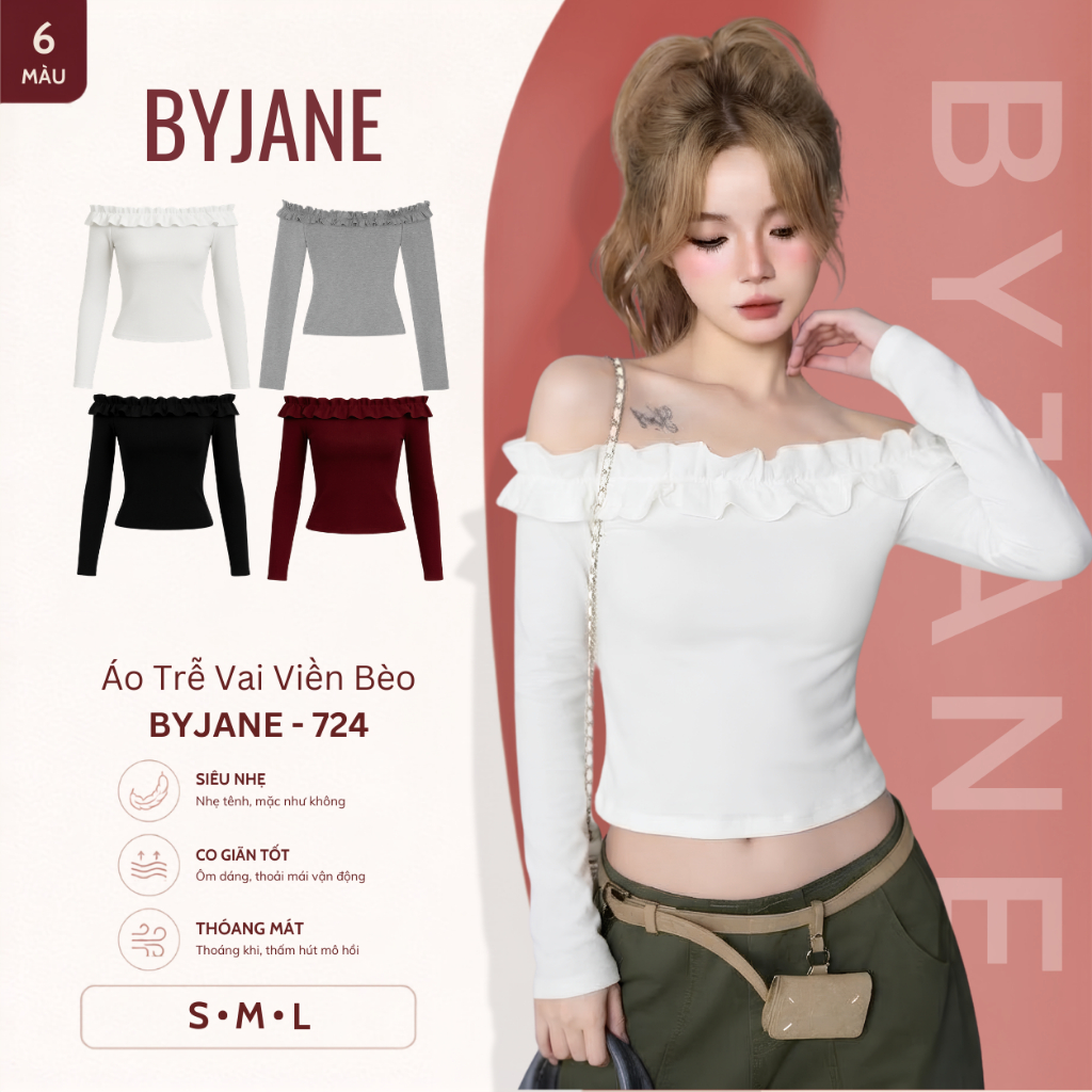 (XẢ KHO) Áo Thun Trễ Vai Dài Tay Phối Bèo BYJANE-724