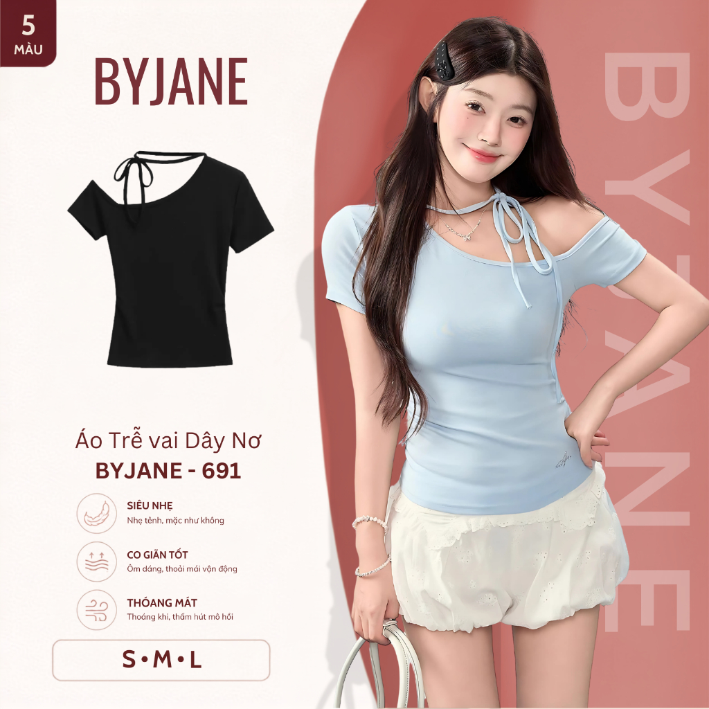 (XẢ KHO) Áo Thun Nữ Trễ Vai Kèm Dây Thắt Nơ-BYJANE-691