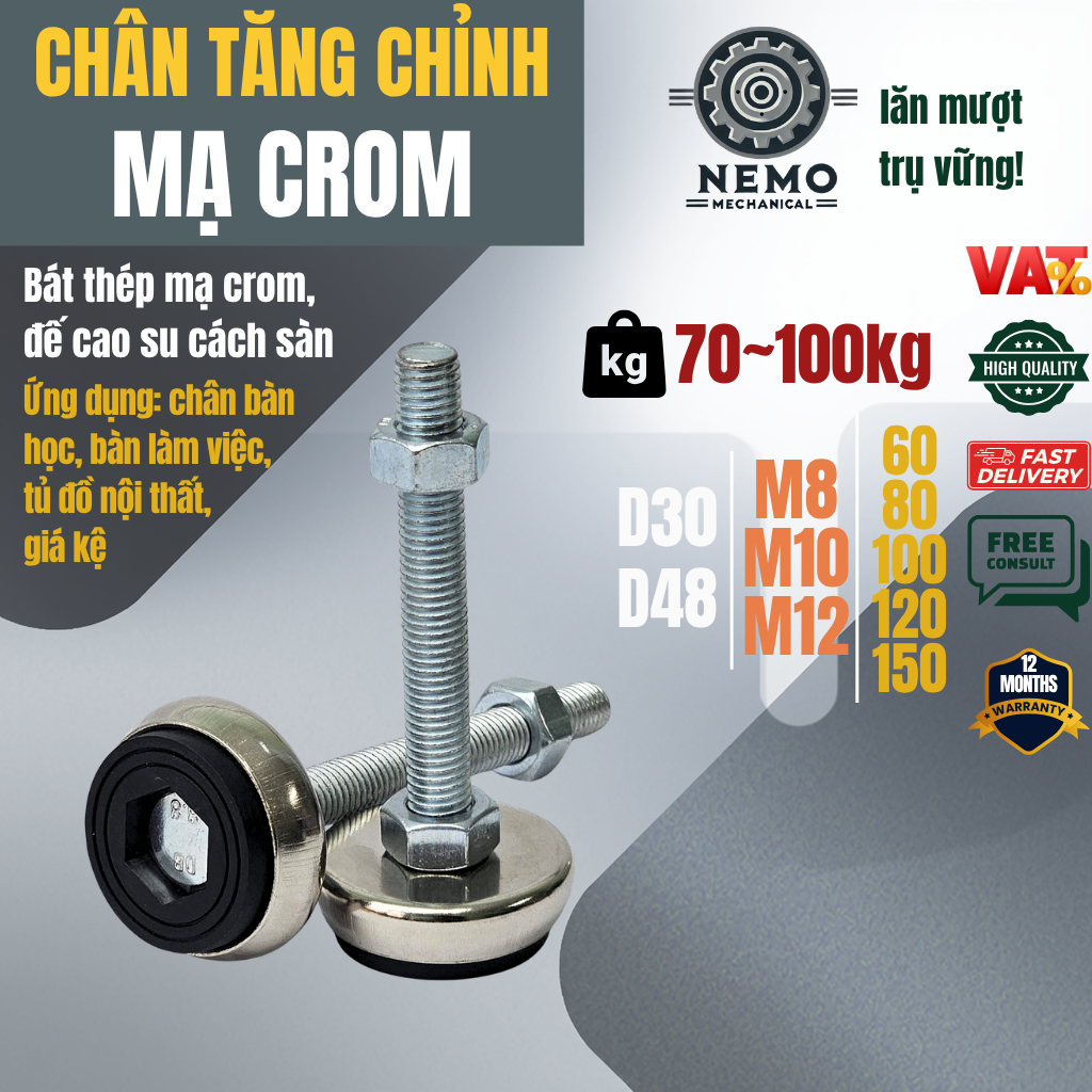 Chân tăng chỉnh bát thép mạ crom, cách sàn, dùng cho bàn làm việc, bàn thao tác, máy móc tải nhẹ