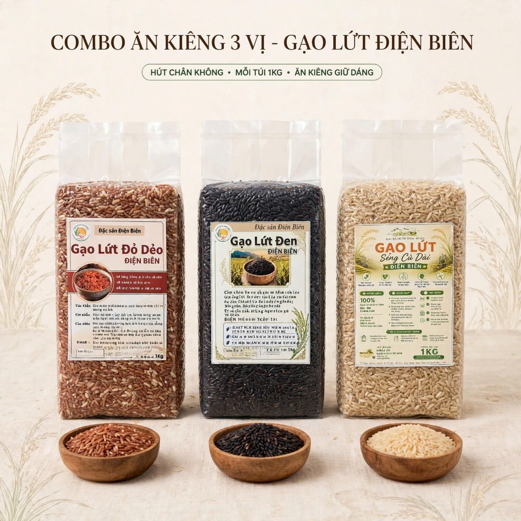 COMBO 3 VỊ GẠO LỨT ĐIỆN BIÊN 3KG Gạo Lứt Séng Cù Dài + Lứt Đỏ + Lứt Đen Hút Chân Không Gạo Ăn Kiêng.