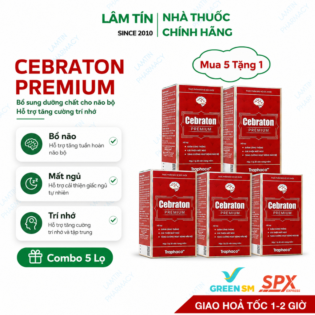 Combo 5 hộp Cebraton Premium hỗ trợ hoạt huyết tăng tuần hoàn máu não - Hộp 30 viên