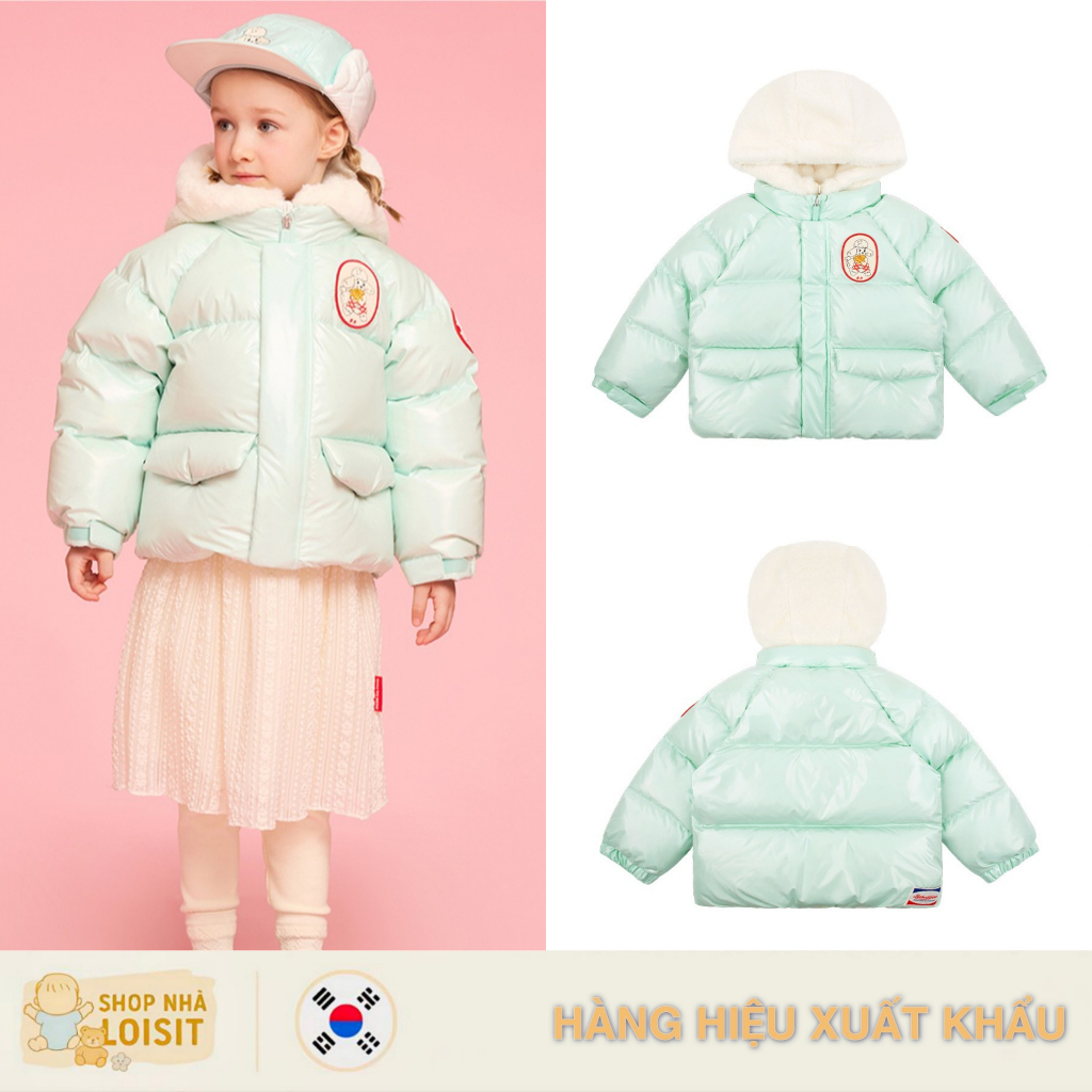 [Size 120-130] Áo Khoác Lông Vũ Unisex Mũ Lông Tháo Rời Bebe de Pino Màu Xanh Bạc Hà