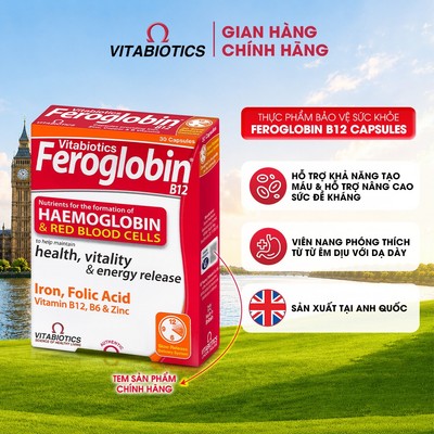 TPBVSK Vitabiotics FEROGLOBIN B12 Capsules Bổ Sung Sắt, Kẽm, Axit Folic, B6 Hỗ Trợ Tăng Khả Năng Tạo Máu, 30 Viên