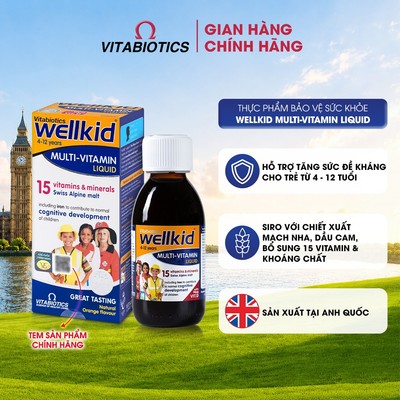 TPBVSK Vitabiotics WELLKID Liquid bổ sung Vitamin D3, Vitamin A, Sắt, Kẽm, I-ốt, Hỗ Trợ tăng Cường Sức Đề Kháng, 150ml
