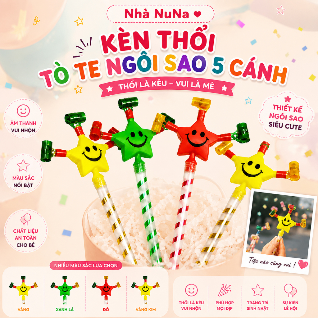 Kèn Thổi Tò Te Ngôi Sao 5 Cánh – Phát Âm Thanh Vui Nhộn, Trang Trí Tiệc Sinh Nhật, Tân Gia, Sự Kiện