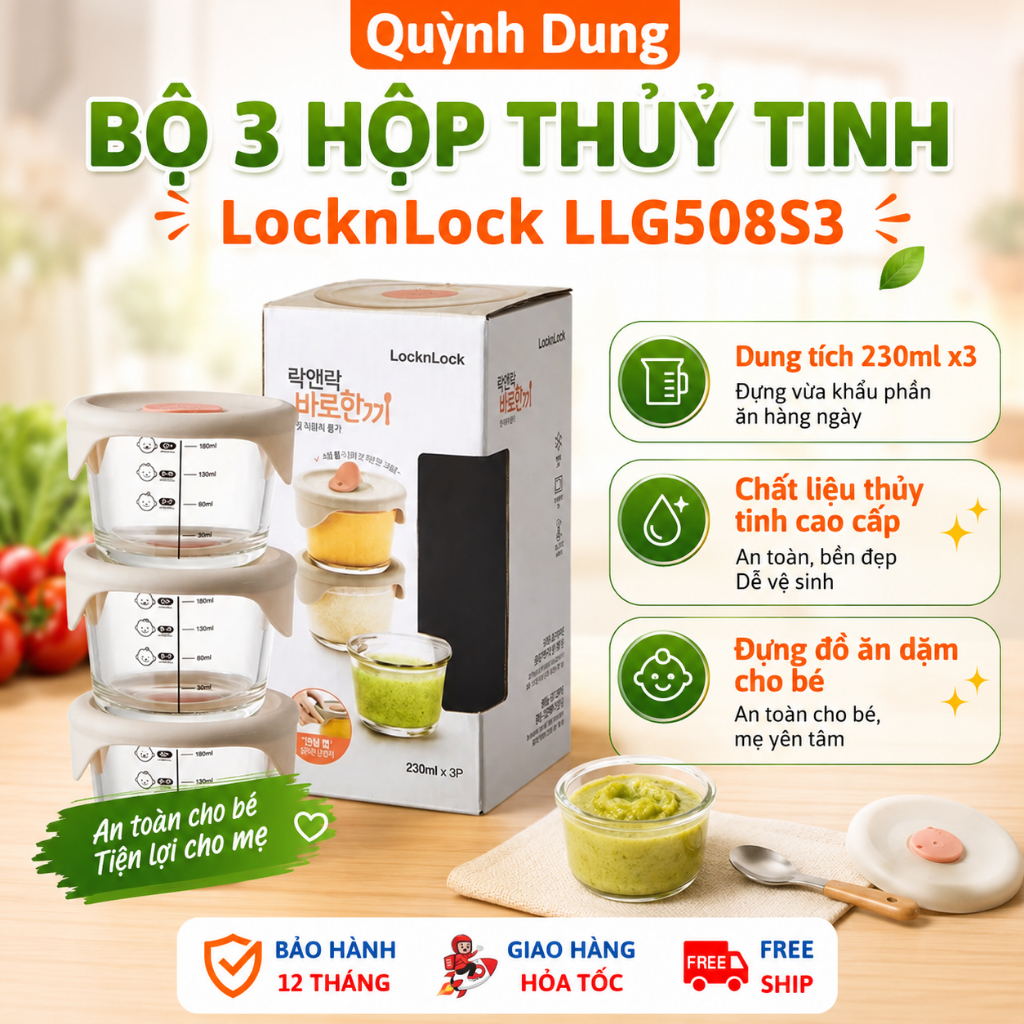 Bộ 3 hộp thủy tinh LocknLock LLG508S3 Đựng Đồ Ăn Dặm Cho Bé