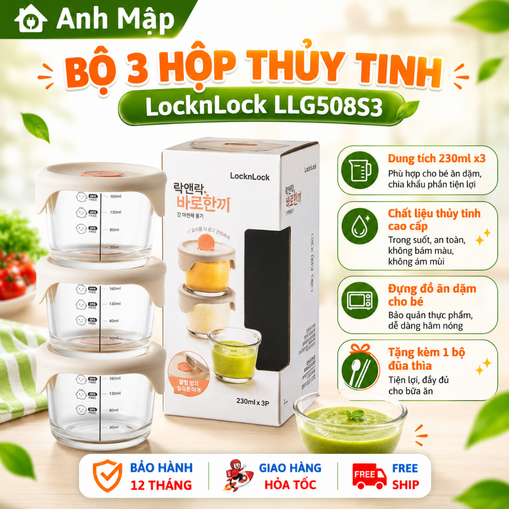Bộ 3 hộp thủy tinh LocknLock LLG508S3 Đựng Đồ Ăn Dặm Cho Bé