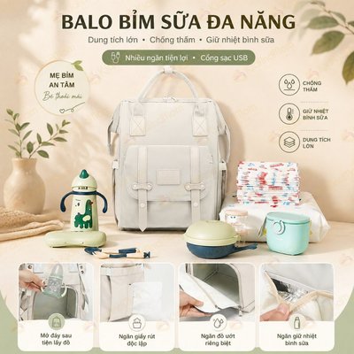 Balo bỉm sữa giữ nhiệt bình sữa KidAndMom CareFreeFox DOUHUI nhiều ngăn chống thấm đựng đồ cho mẹ bé