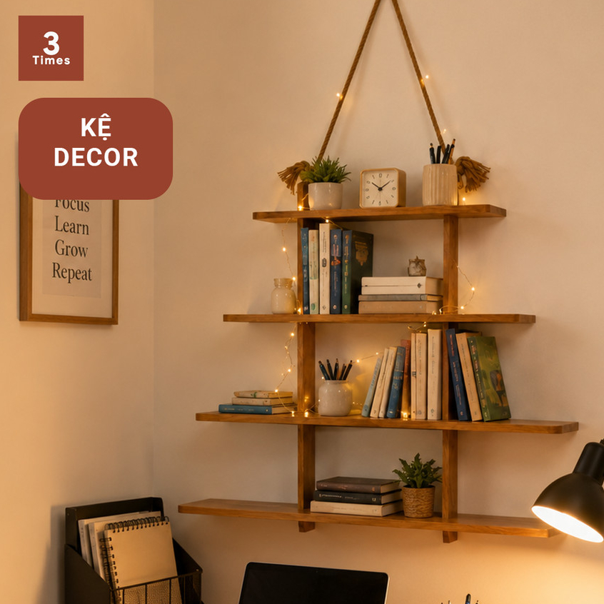 Kệ Gỗ Treo Tường Dây Thừng 4 Tầng, Kệ MDF Trang Trí Decor Phòng Ngủ Phòng Khách Ngang 60cm