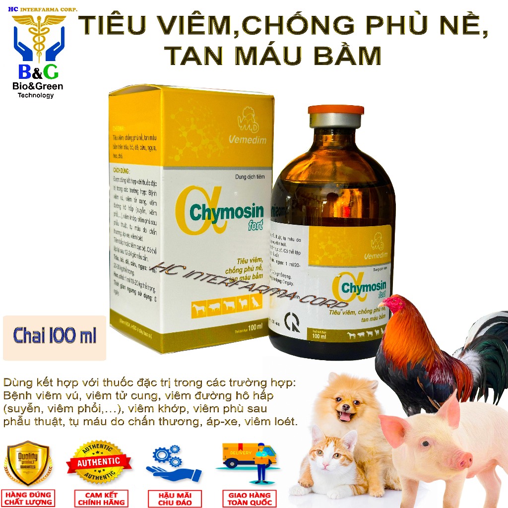 CHYMOSIN FORT Vemedim tiêm tiêu viêm, chống phù nề, tan máu bầm trên vật nuôi.