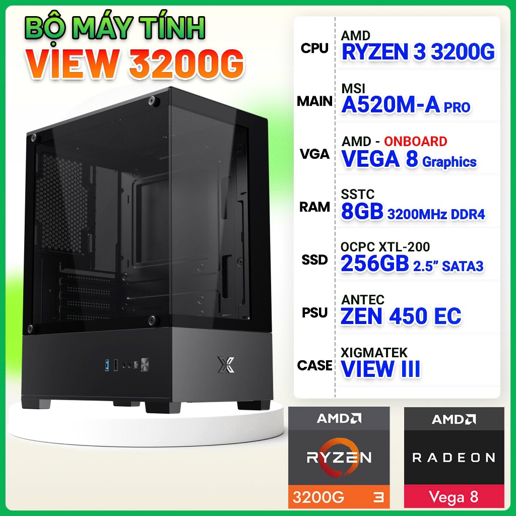 Bộ máy tính văn phòng Ryzen 3 3200G A520M 8G 256G -36T