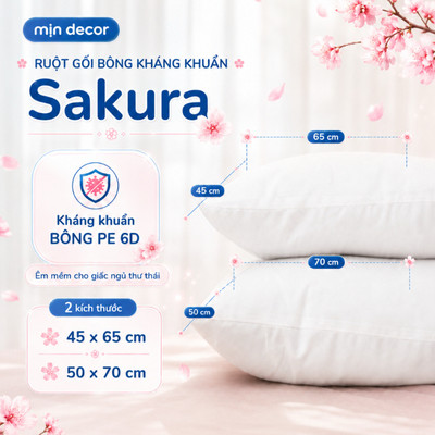 Ruột Gối Nằm Bông Kháng Khuẩn Sakura Osaka Mịn Decor, Ruột Gối Bông Gòn Có Khoá Kéo 45x65cm, Mềm Êm