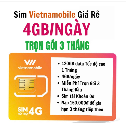 SIÊU DATA VIETNAMOBILE MAX3 4G 5G | FREE 3 THÁNG 4GB/NGÀY | SIM INTERNET 360GB CHƯA KÍCH HOẠT