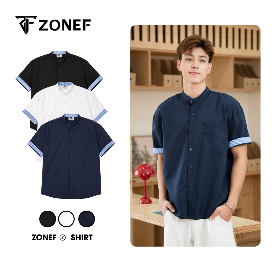 Áo Sơ Mi Nam Cổ Tàu Phối Viền Caro By ZONEF STUDIO, Áo Sơ Mi Ngắn Tay Unisex Chất Vải Thô Hàn Phong 