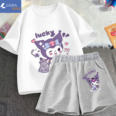 Bộ đồ bé gái thun cotton in hình KUROMI  - Set đồ cho bé gái cân nặng từ 15-45kg (áo phông + quần đùi) - Loza Kids SB231