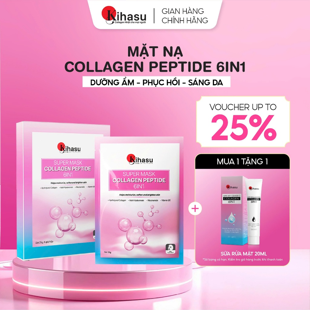 Hộp Mặt Nạ Collagen Kihasu 6in 5 Miếng Cấp Ẩm Dưỡng Da Sáng Đều Màu Mang Lại Làn Da Căng Mướt