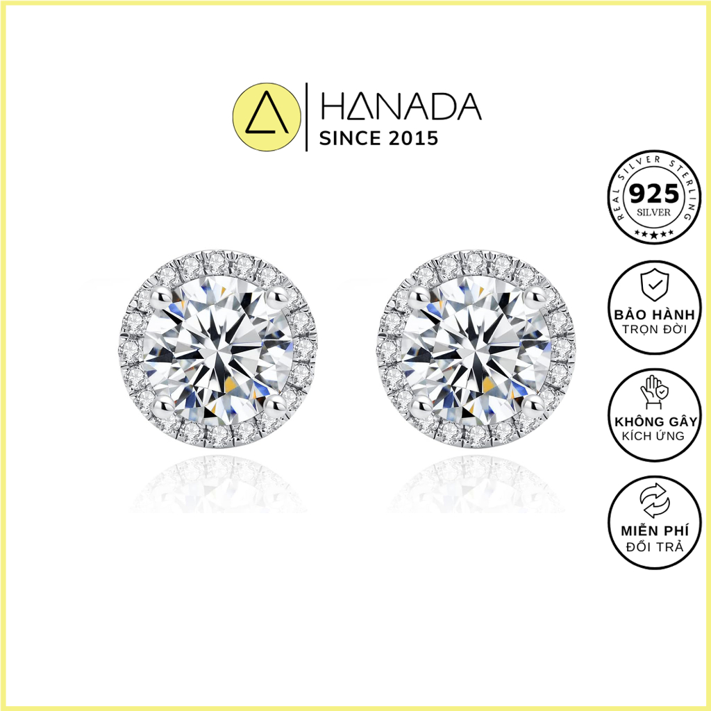 [BH TRỌN ĐỜI] Bông Tai Bạc 925 Tròn Đính Đá 6mm 7mm 8mm Bạc 925, Khuyên Tai Halo Đeo Hàng Ngày Nam Nữ HANADA 0950